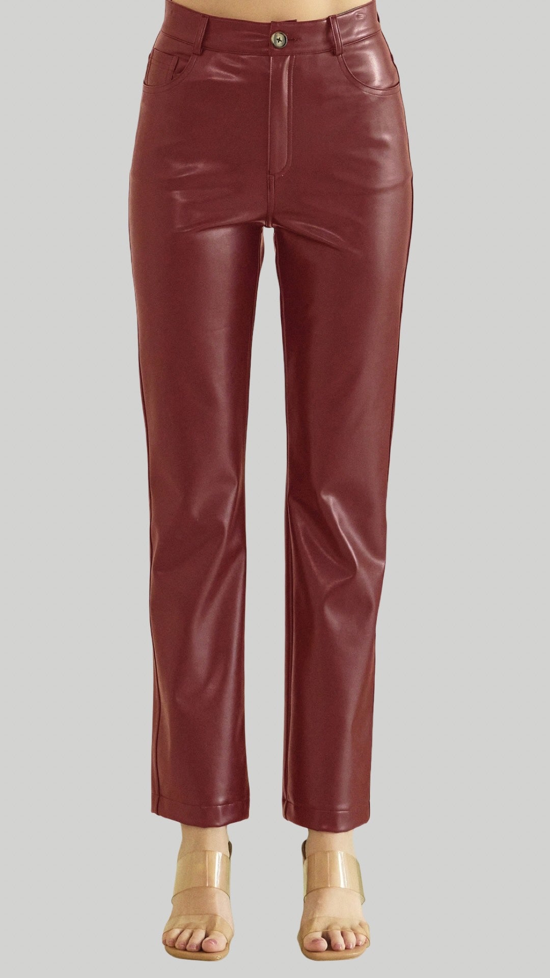 So Edgy Faux Leather Straight-Leg High-Rise Pants in Burgundy Black Chocolate