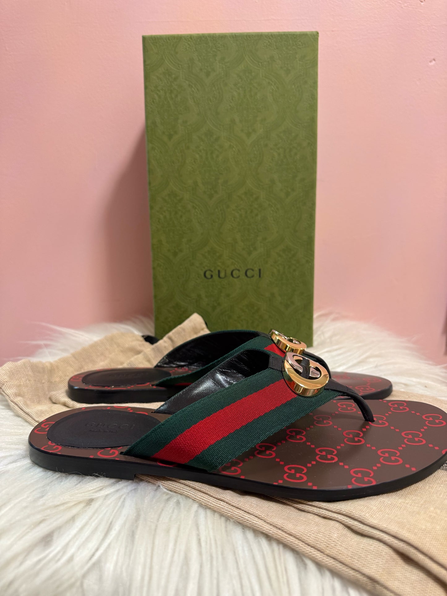 Gucci Kika Web Thong Sandal with Red GG Insole