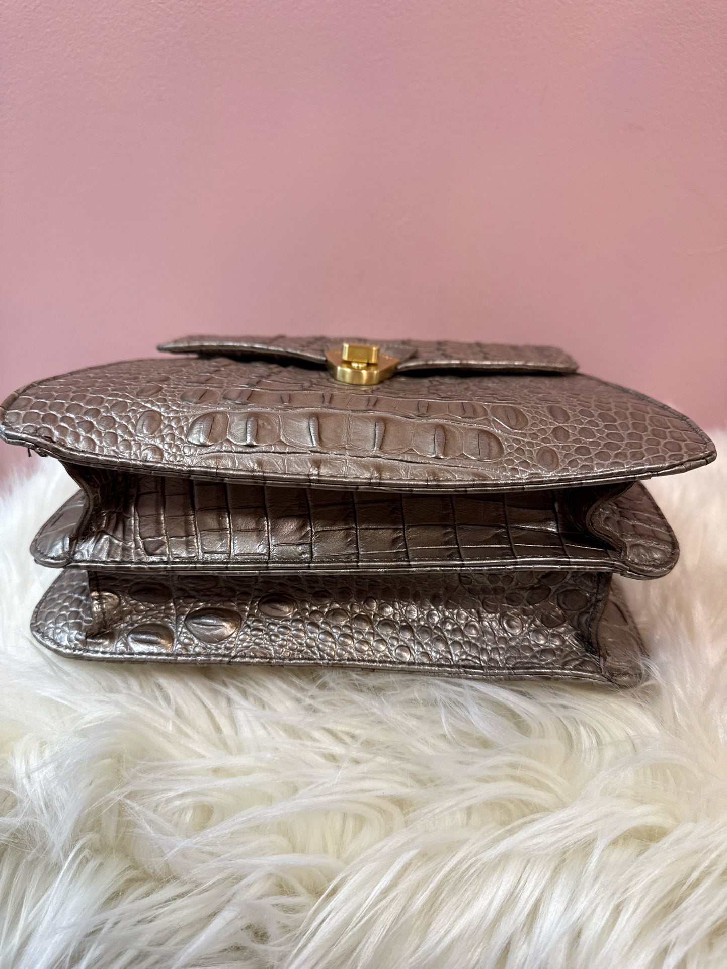 Brahmin Tapue/Pewter Croc Embossed Vittoria Top Handle Shoulder Bag