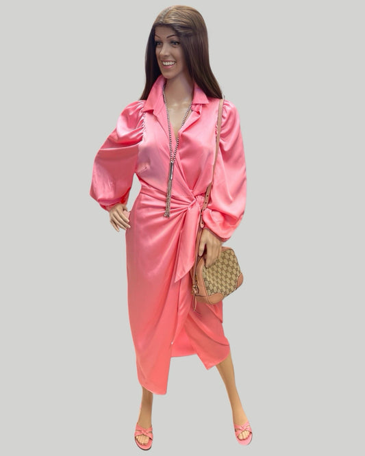 HER BOTTARI BALLOON SLEEVE PINK WRAP DRESS