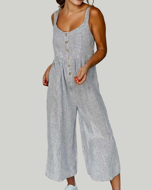 STRIPE HALF BUTTONED SLEEVELESS WIDE LEG JUMPSUIT