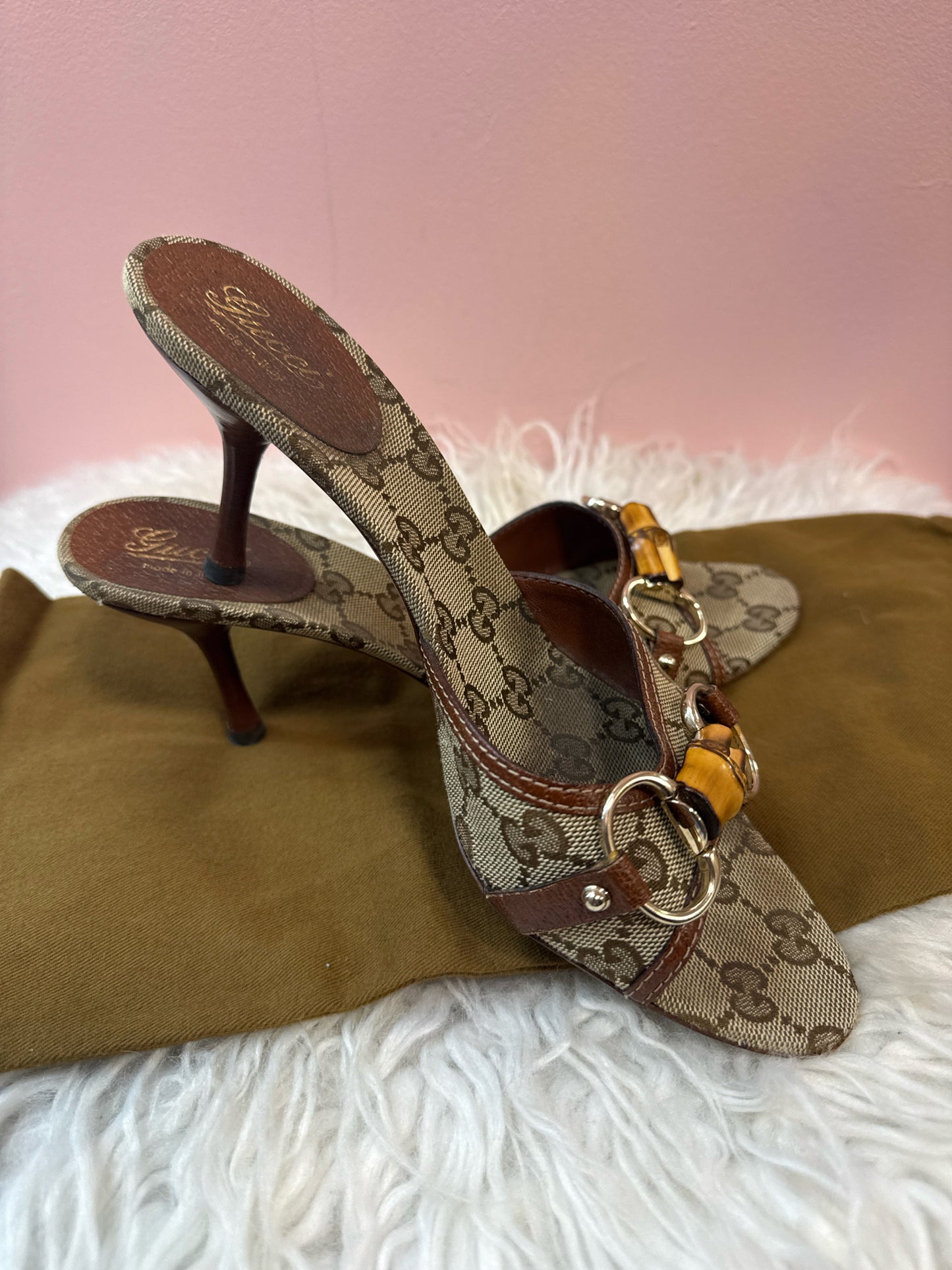 Gucci Monogram Bamboo Horsebit Slide Sandal Heels