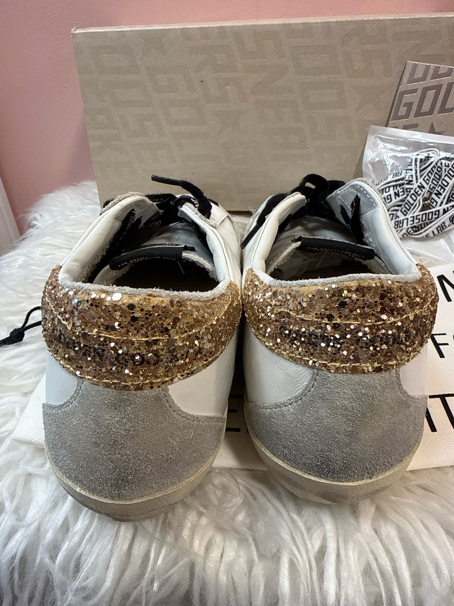 Golden Goose White Leather Super-Star with Glittery Heel tab