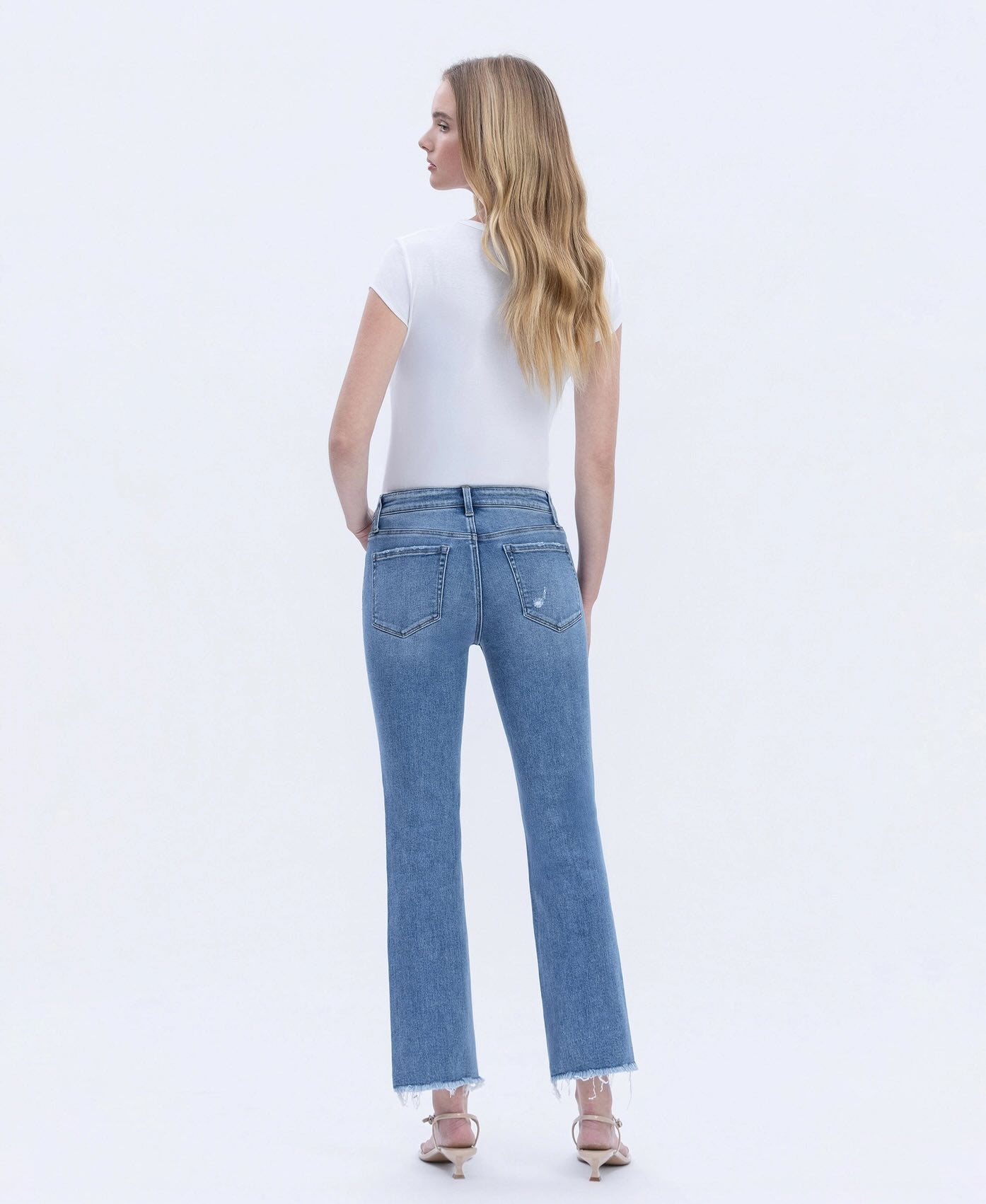 Melissa  Mid Rise Medium Wash Raw Hem Crop Straight Jeans
