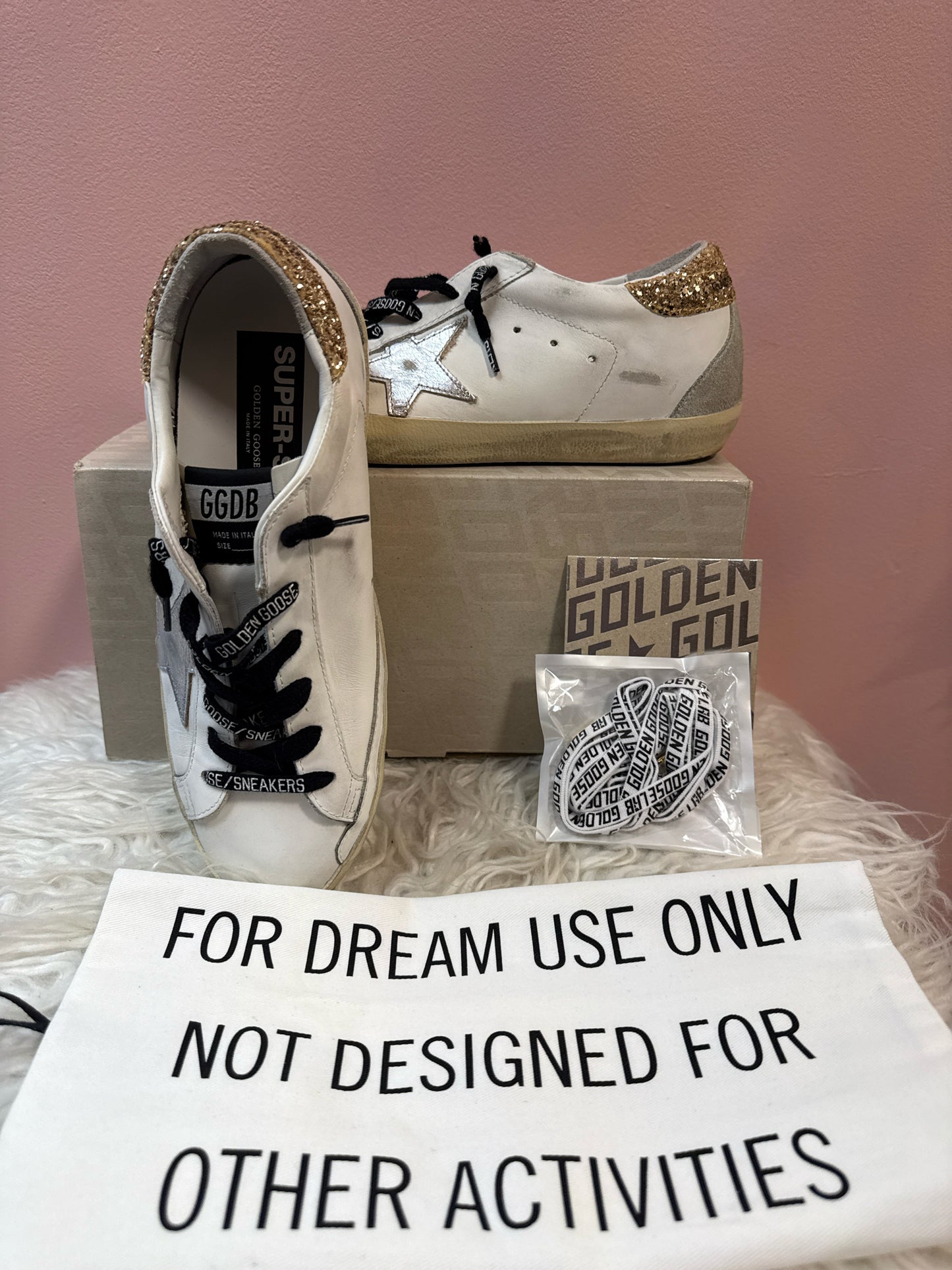Golden Goose White Leather Super-Star with Glittery Heel tab