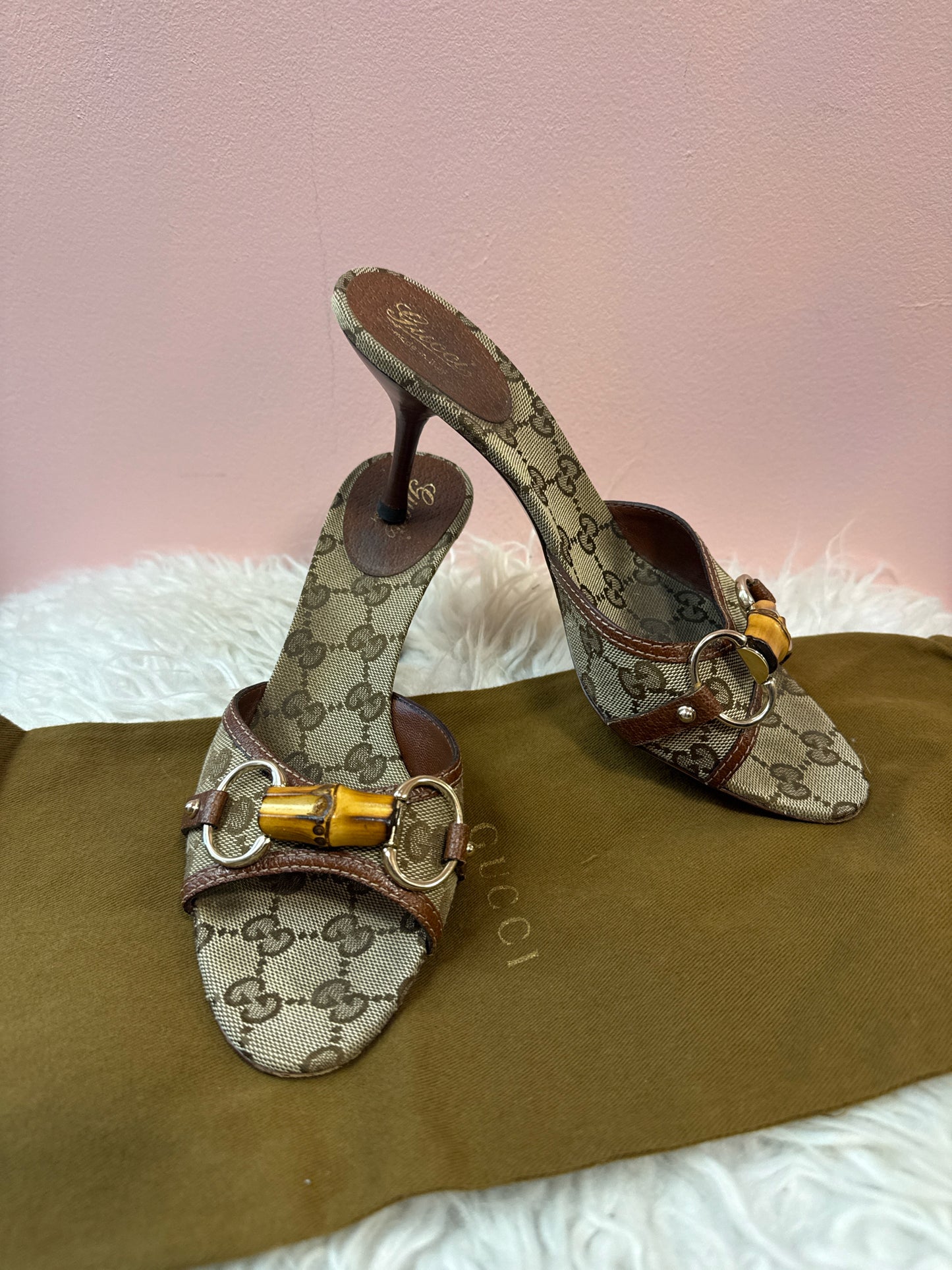 Gucci Monogram Bamboo Horsebit Slide Sandal Heels