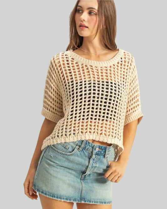 OPEN STITCH DROP SHOULDER TOP Available in Beige & Black