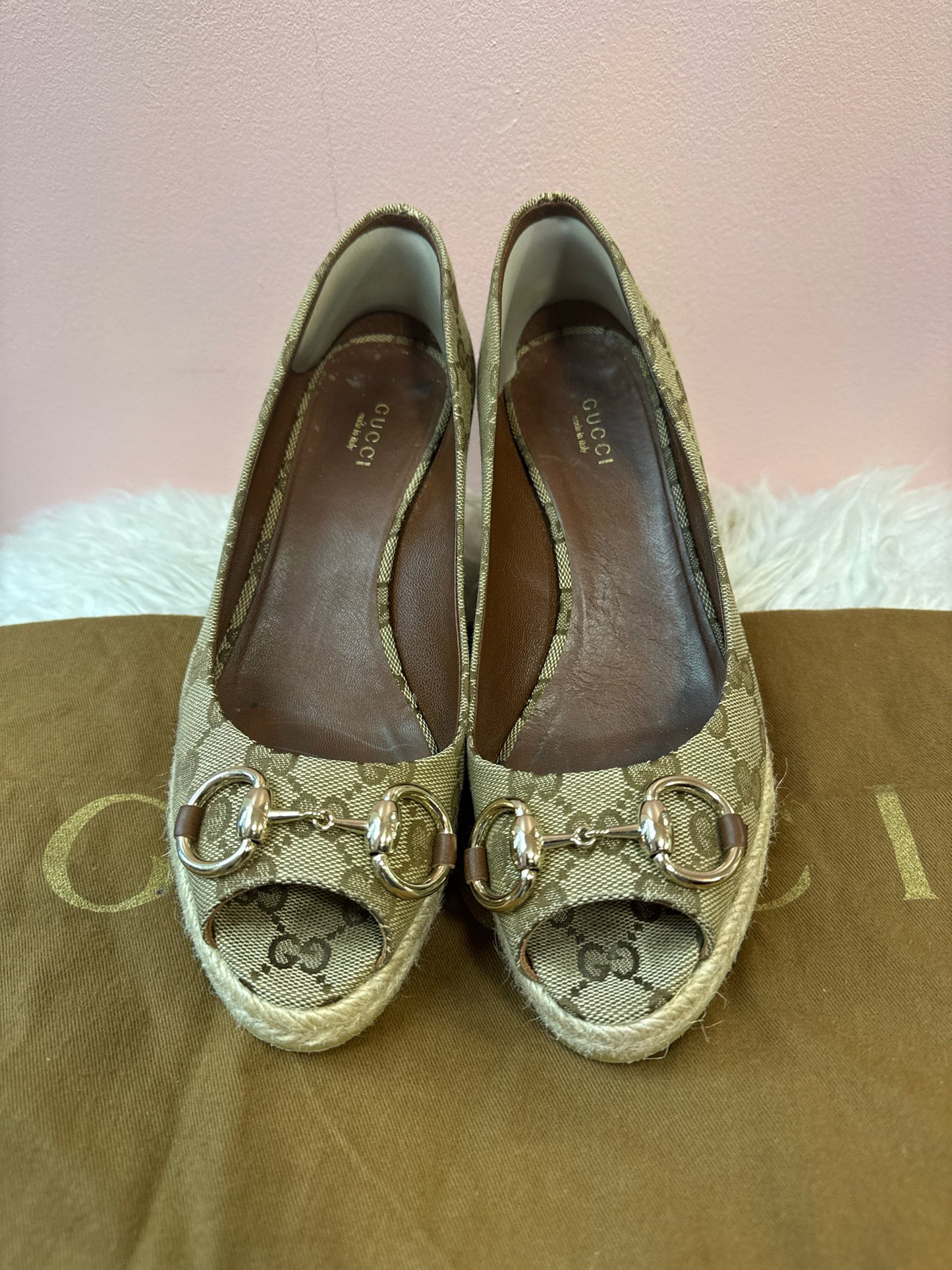 Gucci Monogram Horsebit Open Toe Espadrille Wedges