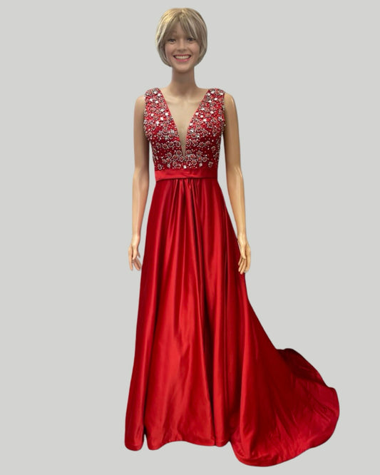 ASHLEY LAUREN RED SATIN JEWEL BODICE BALL GOWN