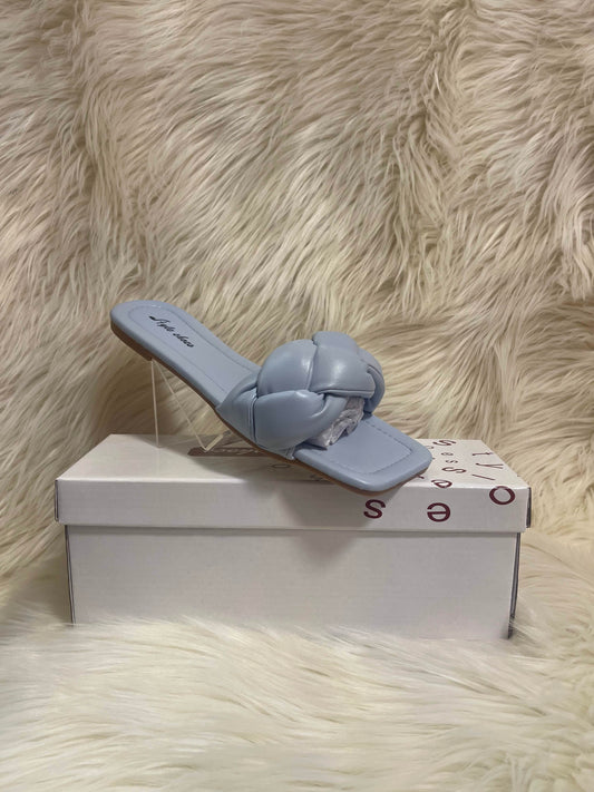 PASTEL BLUE THICK PLAITED STRAP SLIDE SANDALS