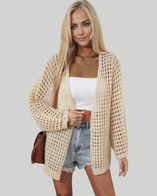 Women's Open Knit Cardigan with Long Sleeves and Relaxed Fit
