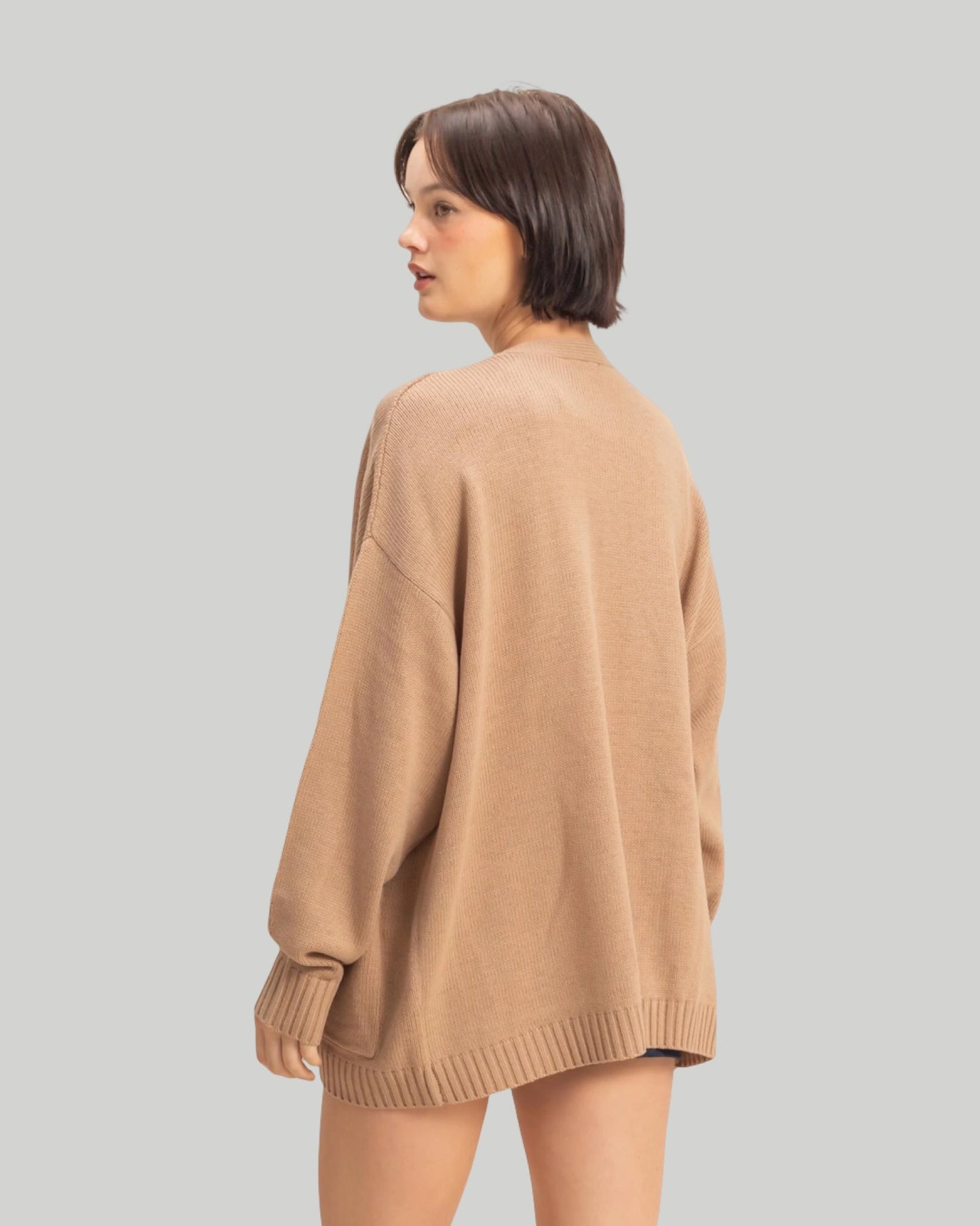 Oversized open front cardigan with pockets available in taupe and black