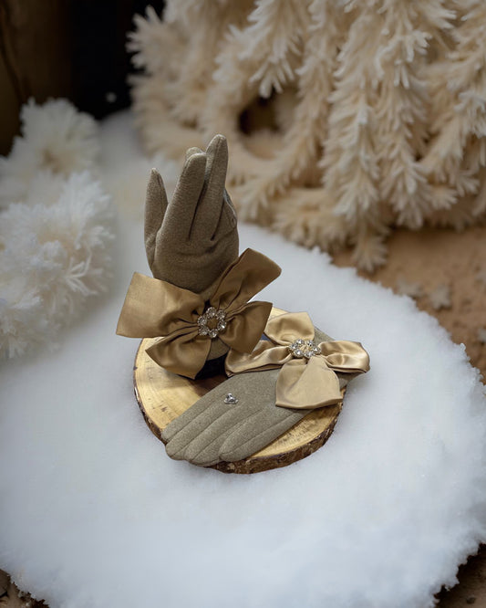 Taupe Large Satin Bow Gloves