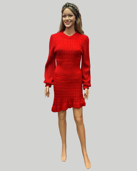 RED CABLE KNIT SWEATER DRESS RUFFLE HEM XS