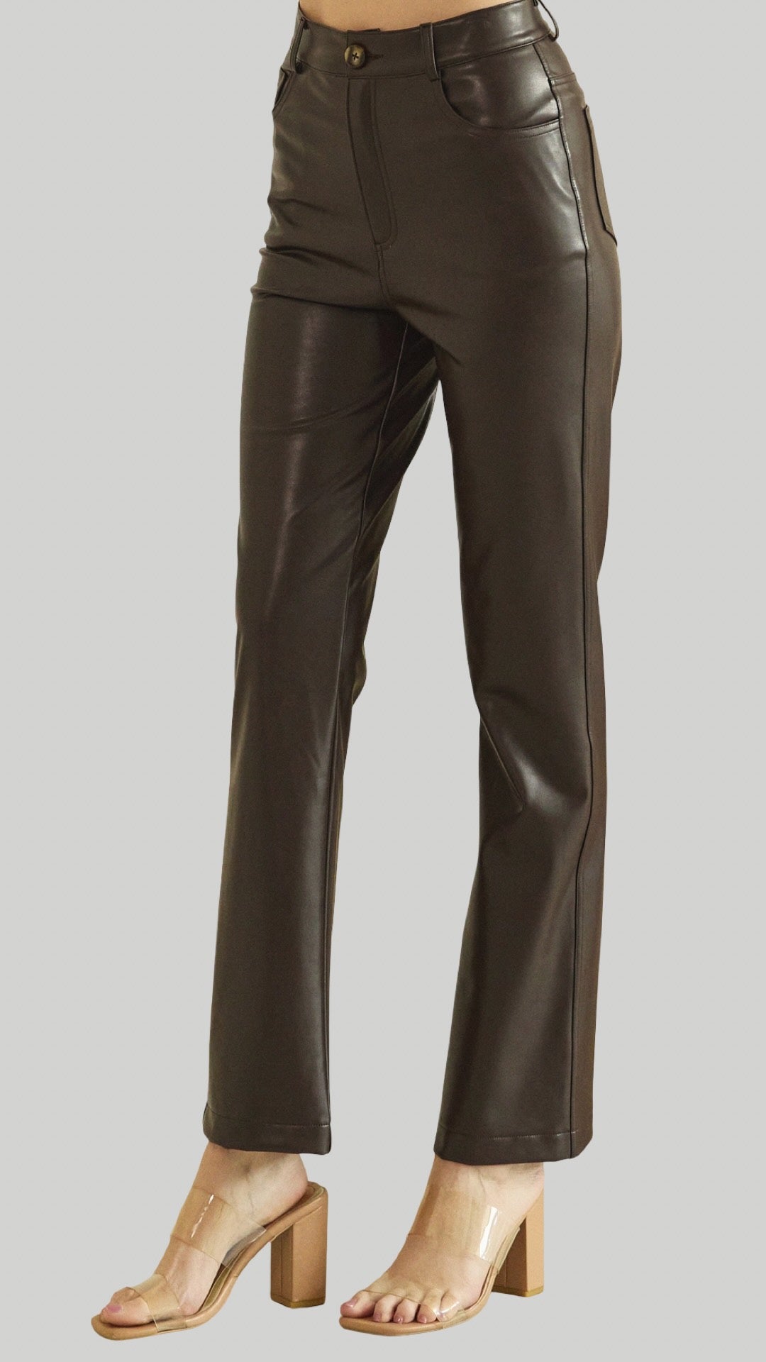 So Edgy Faux Leather Straight-Leg High-Rise Pants in Burgundy Black Chocolate
