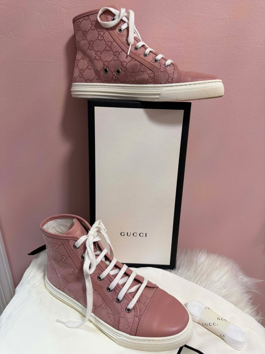 GUCCI PINK CANVAS HIGH TOP SNEAKERS W DUST AND BOX