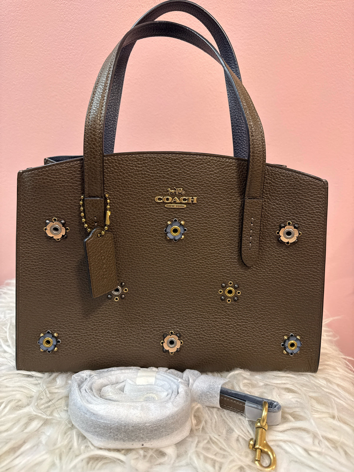 Coach Charlie Carryall 28 with rivets n Pebbled Olive Leather