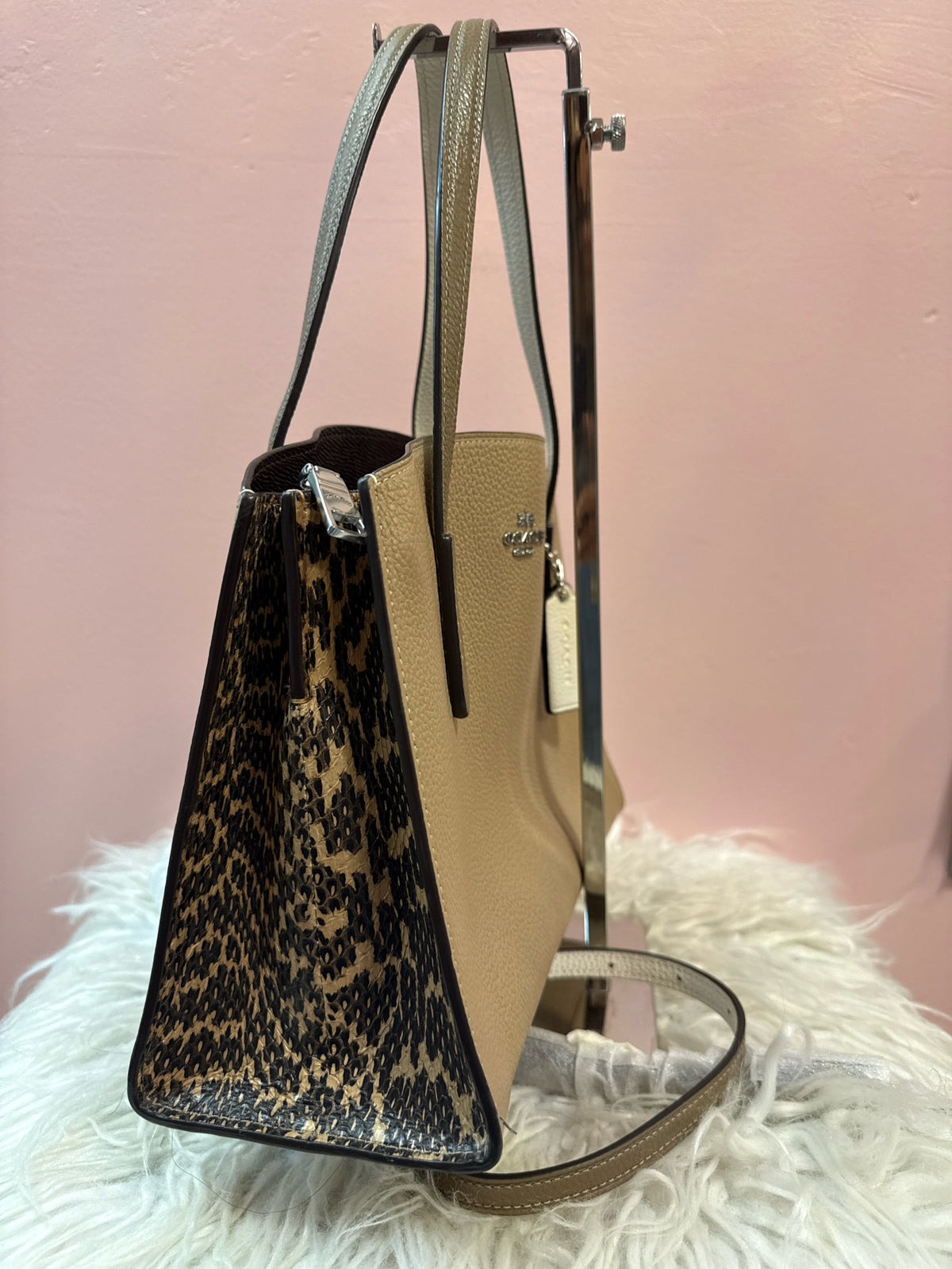 Coach Charlie Carryall in Taupe with Animal Print Side Gussets