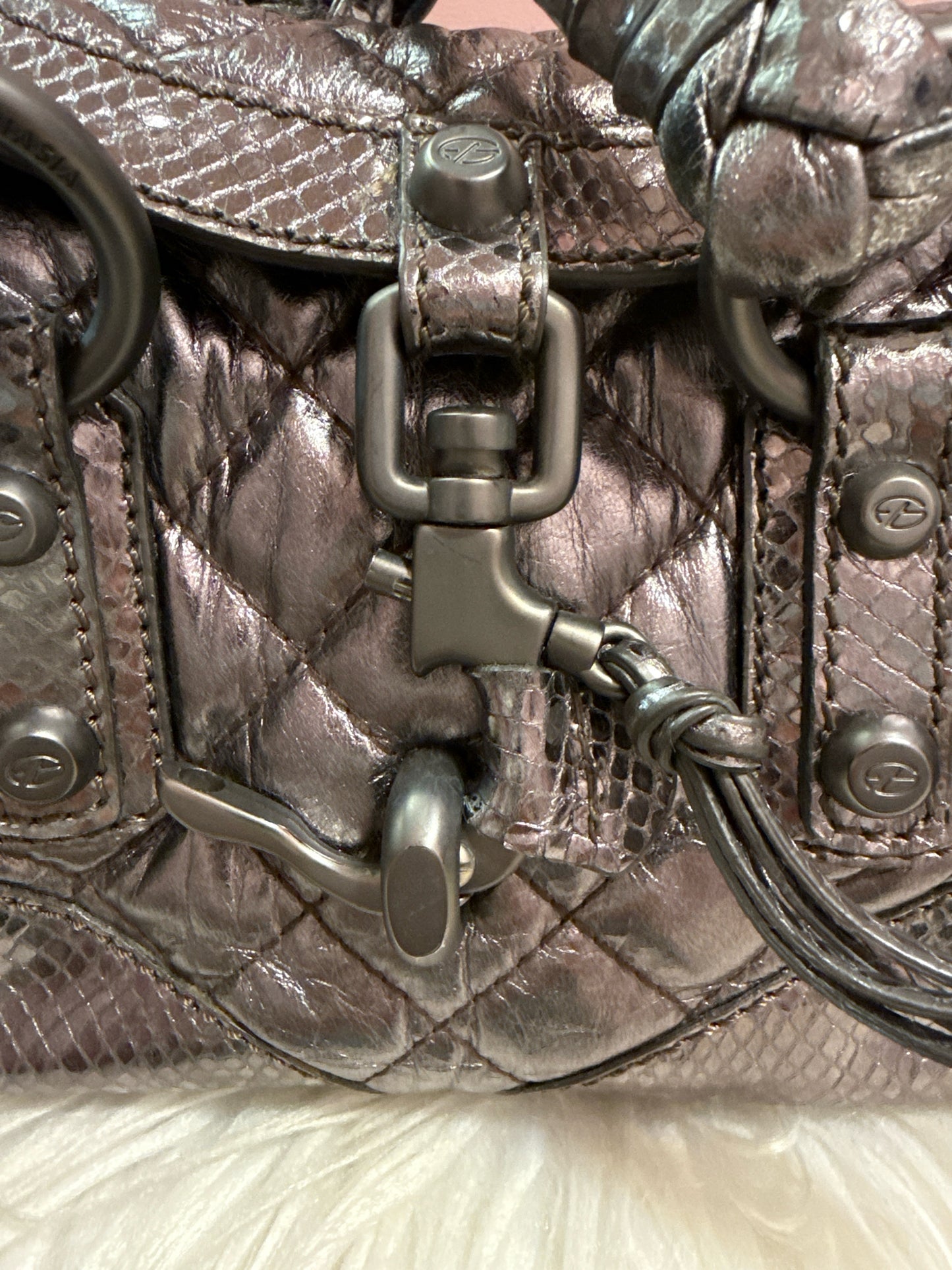FRANCESCO BIASIA QUILTED PEWTER MINI HANDBAG BRAIDED HANDLES W DUST