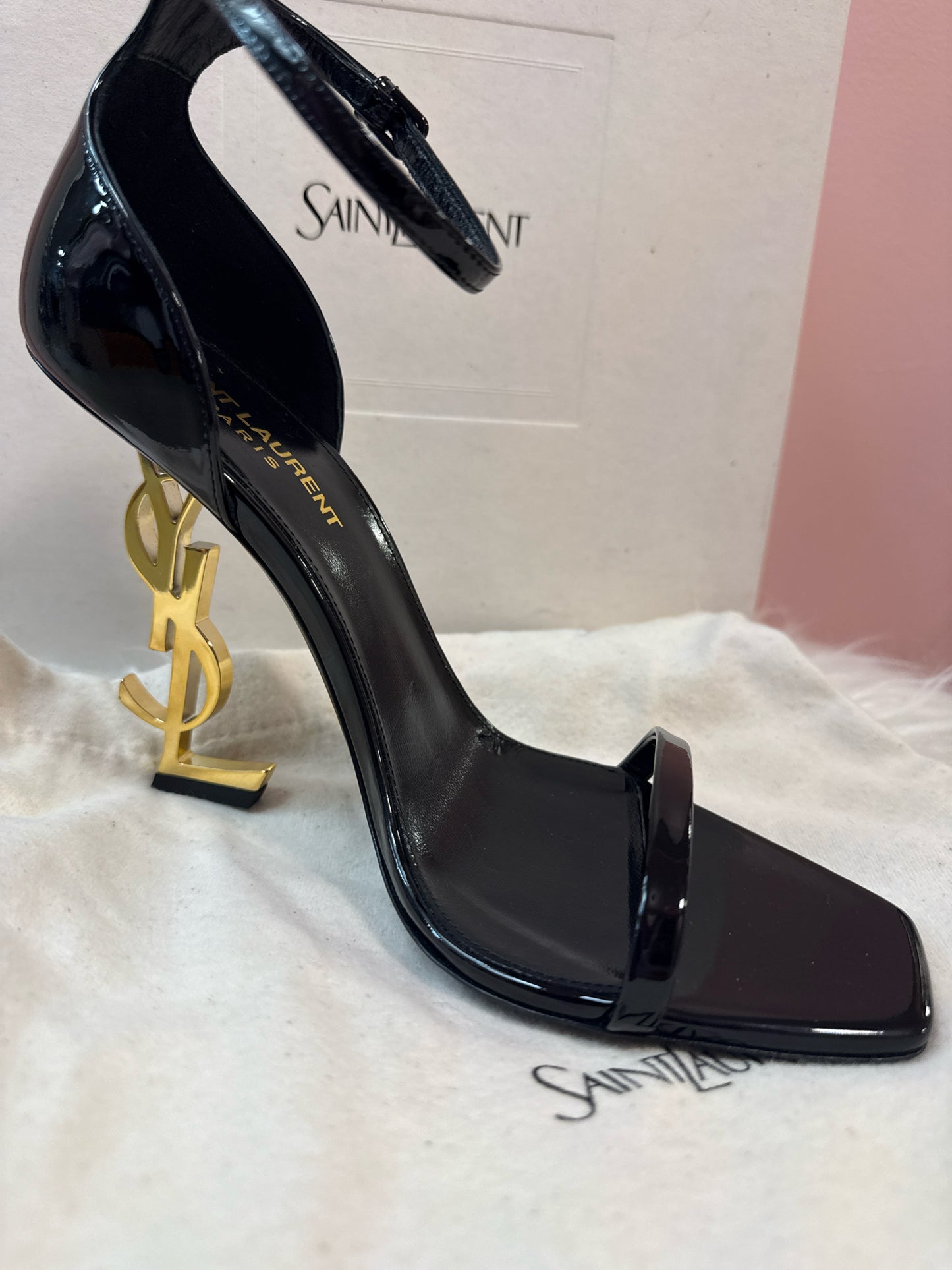 Saint Laurent Opyum patent Leather sandal with Cassandra logo heel