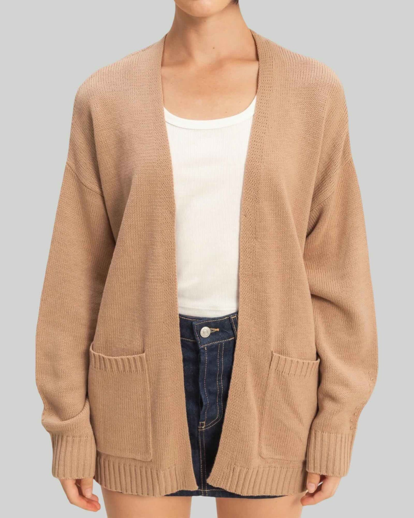 Oversized open front cardigan with pockets available in taupe and black