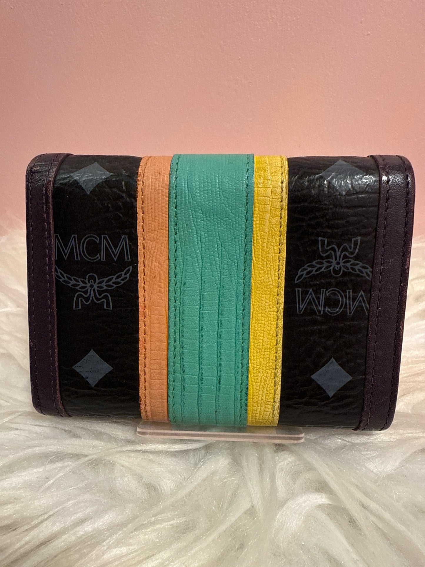 MCM BLACK AND MULTI LEATHER COMPACT WALLET