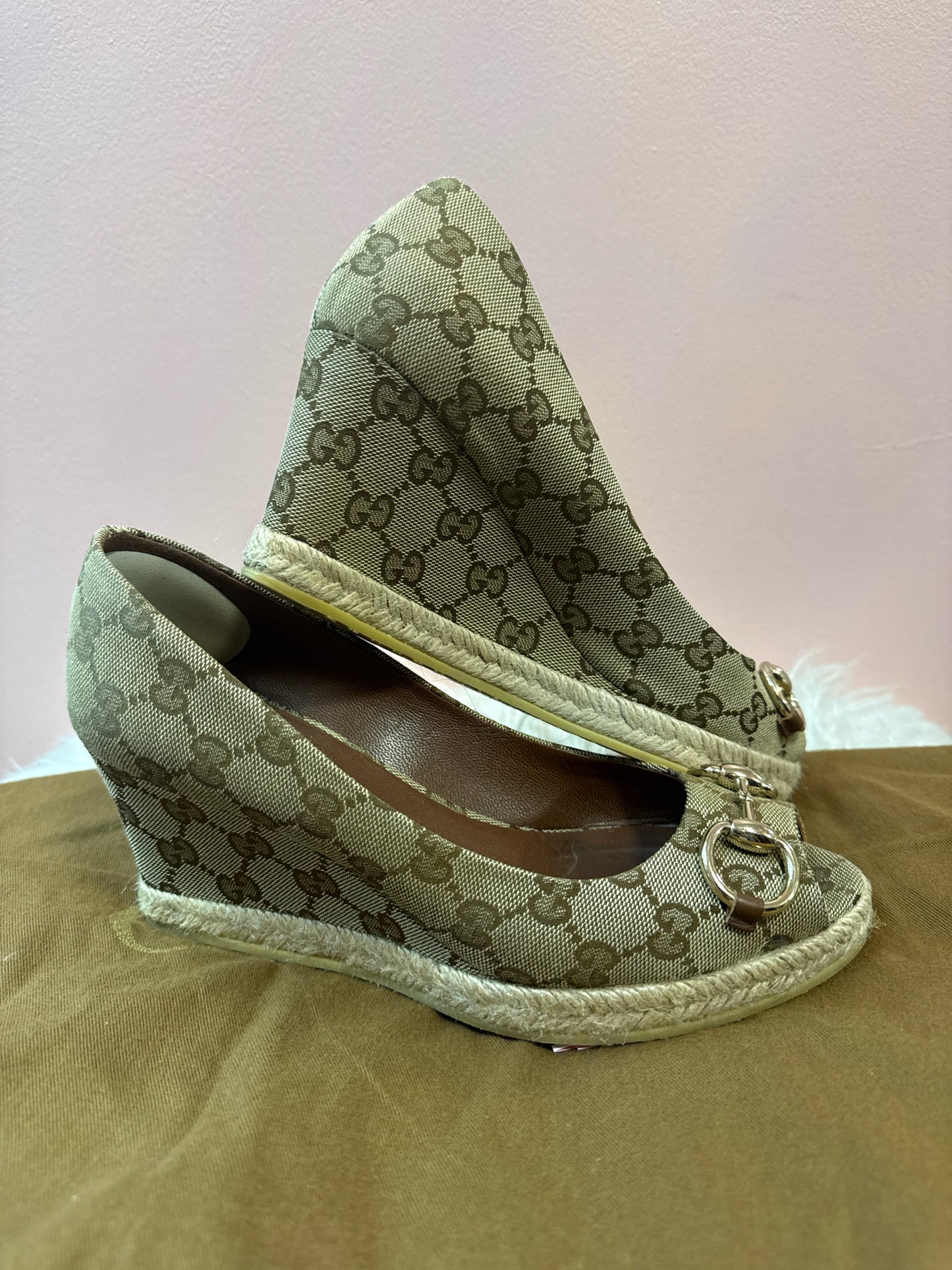 Gucci Monogram Horsebit Open Toe Espadrille Wedges