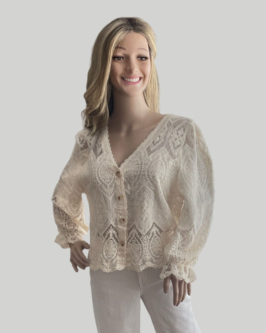 BEIGE LACE BUTTON FRONT LONG SLEEVE TOP, SEMI SHEER