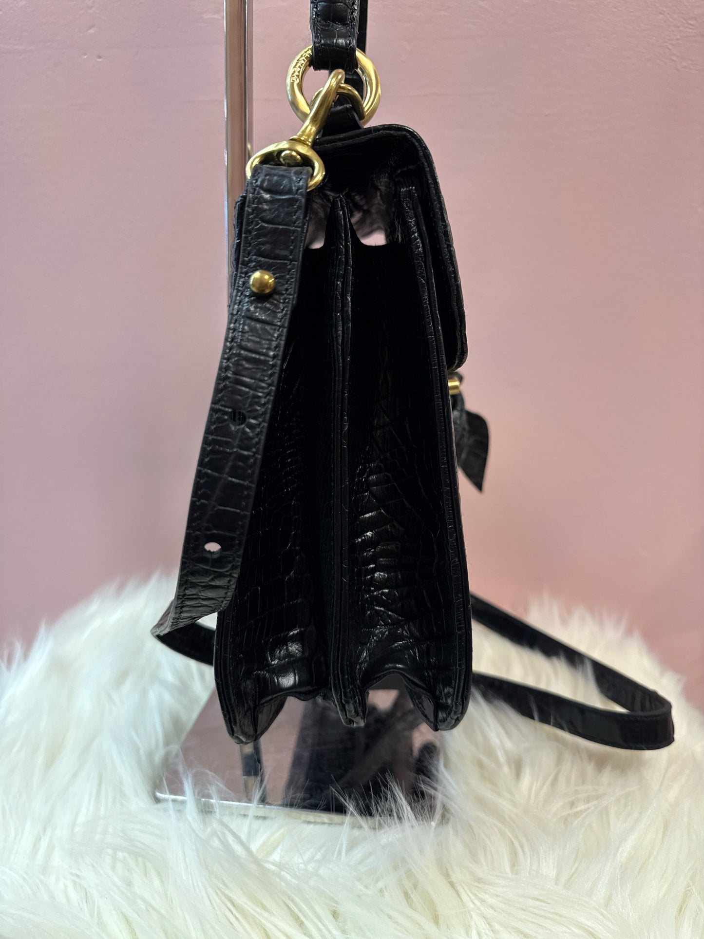 Brahmin Black Croc Embossed Vittoria Top Handle Shoulder Bag