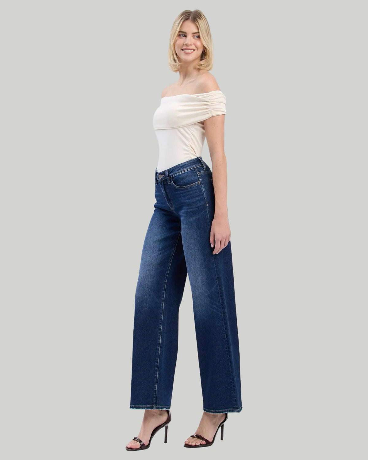 High Rise Dark Wash Full Length Wide Jeans Flying Bird