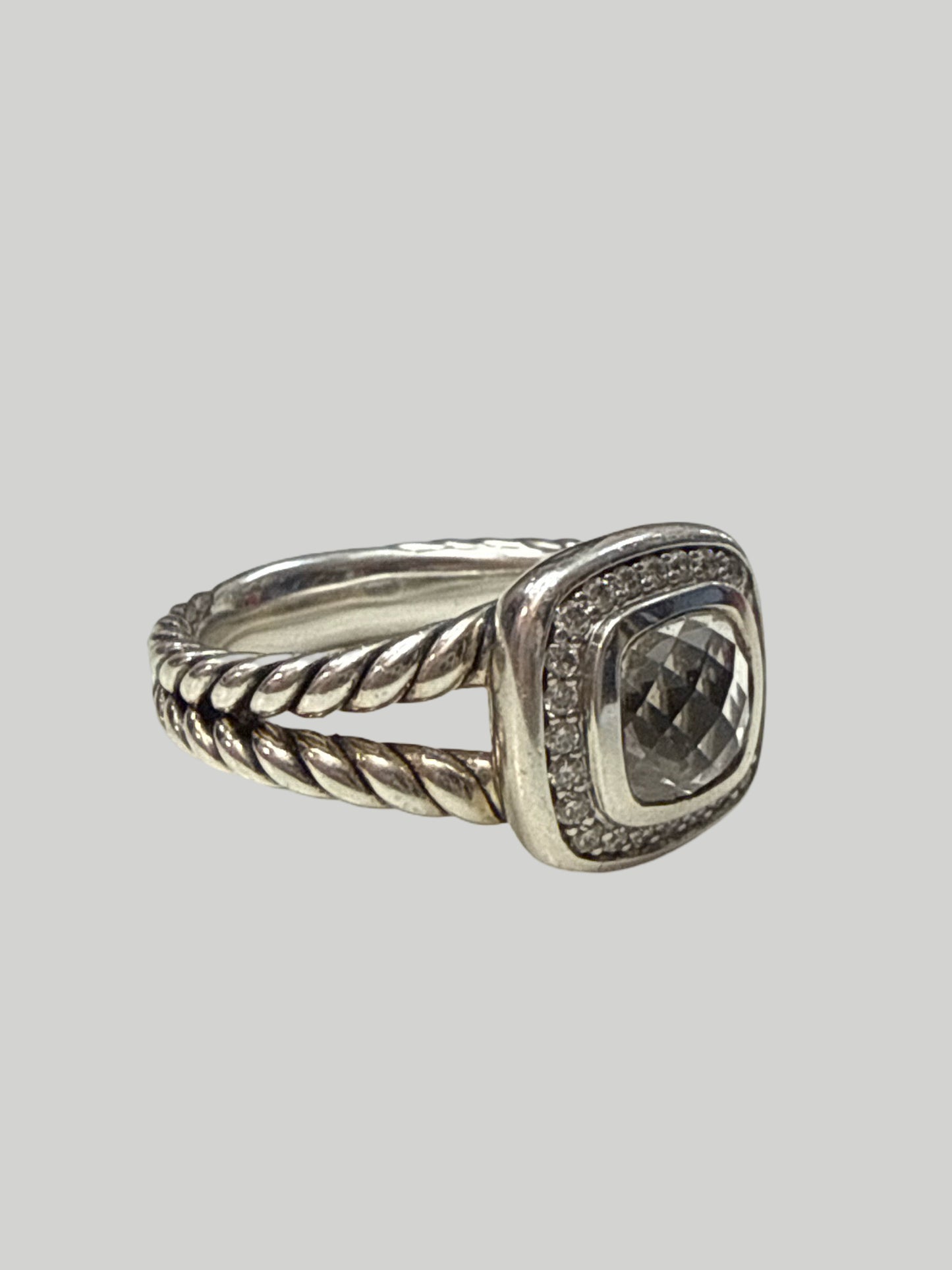 David Yurman Petit Albion Ring with Pave Diamonds Center Cut Stone