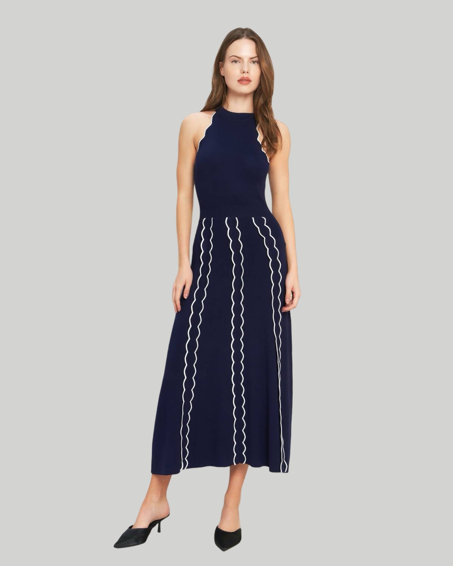 Navy and Ivory Halter Knit Midi Dress