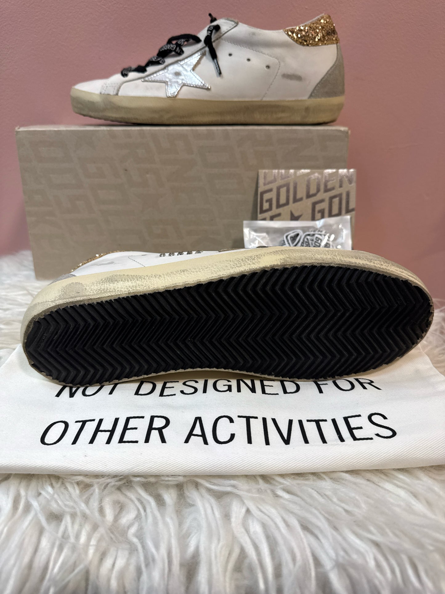 Golden Goose White Leather Super-Star with Glittery Heel tab