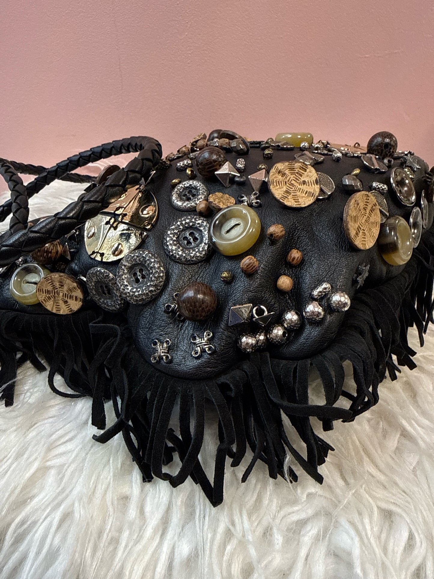 Jimmy Coo Black Bead/Button Fringe Detail Shoudler / Crossbody