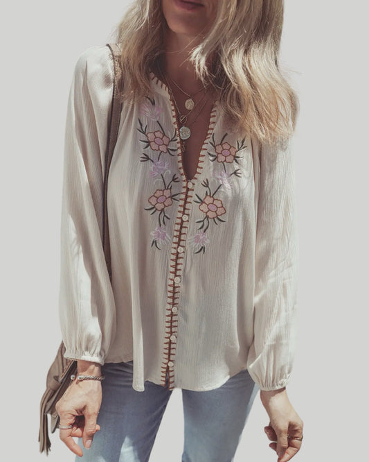 FLORAL EMBROIDERED TEXTURED PUFF LONG SLEEVE LOOSE TOP