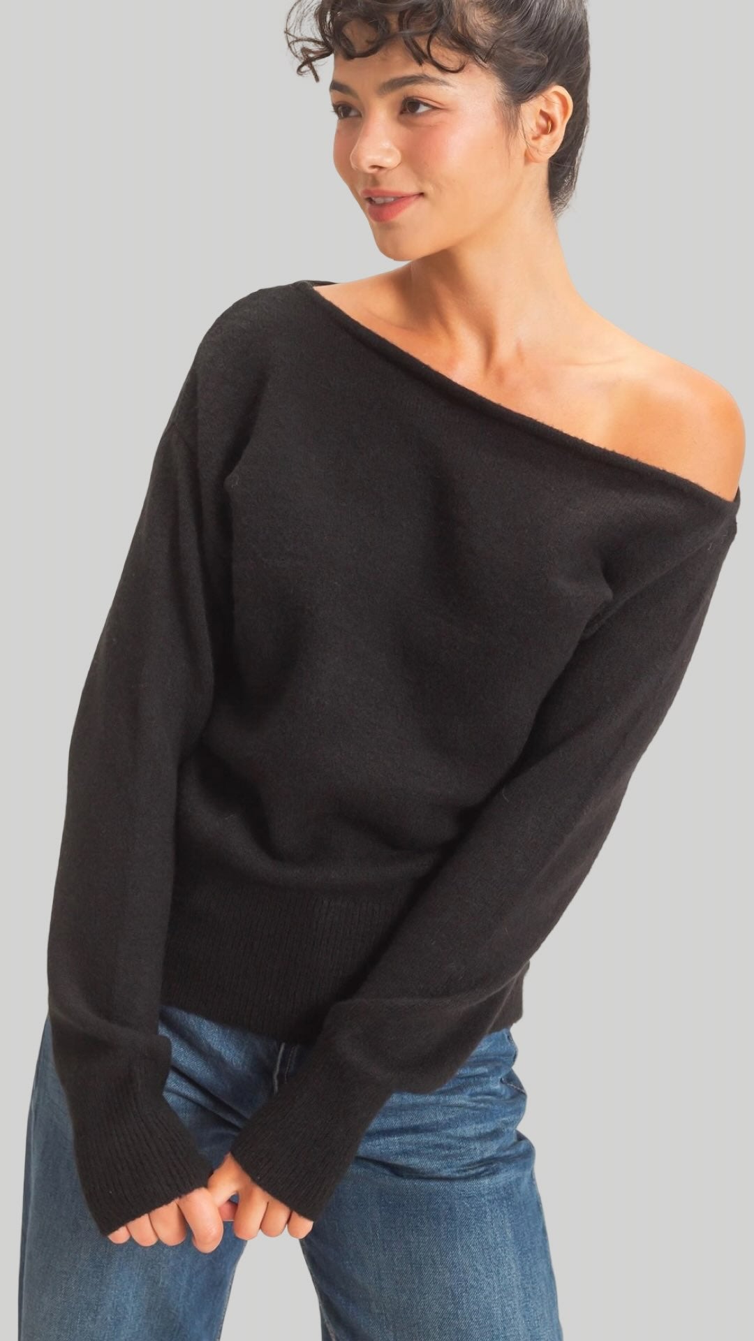 Off the Shoulder Sweater Top in Black and Green