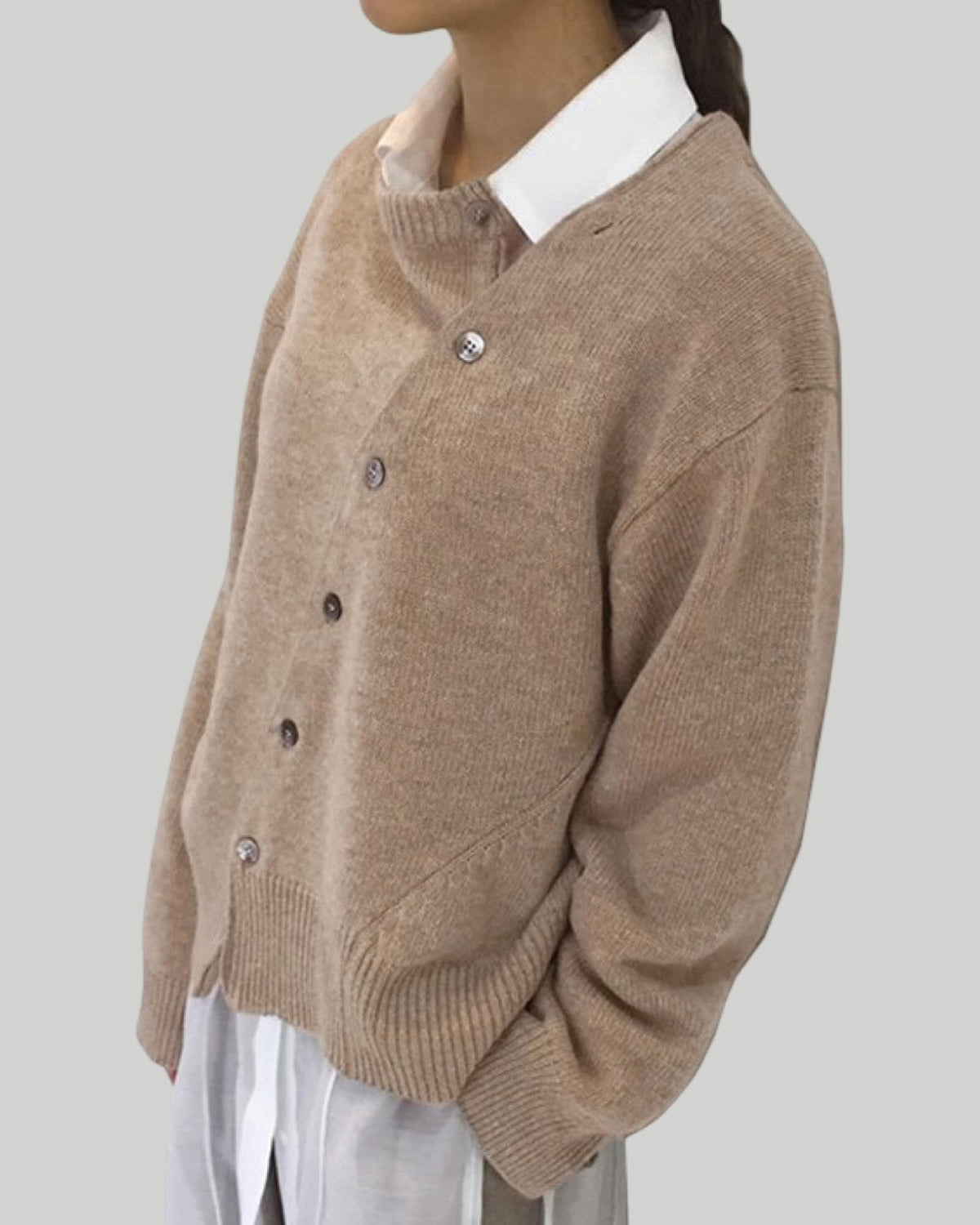 Diagonally Buttoned Irregular Crewneck Knit Top