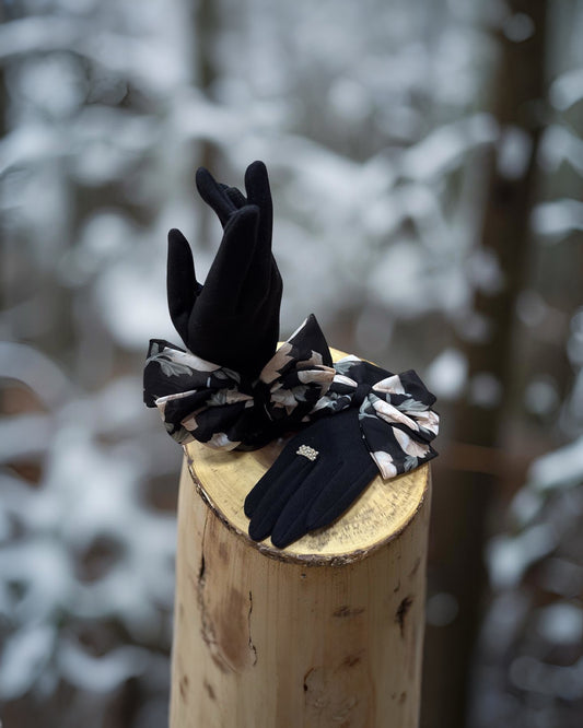 Black Gloves with Floral Satin Bow
