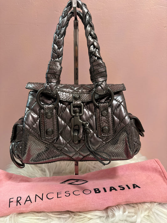FRANCESCO BIASIA QUILTED PEWTER MINI HANDBAG BRAIDED HANDLES W DUST