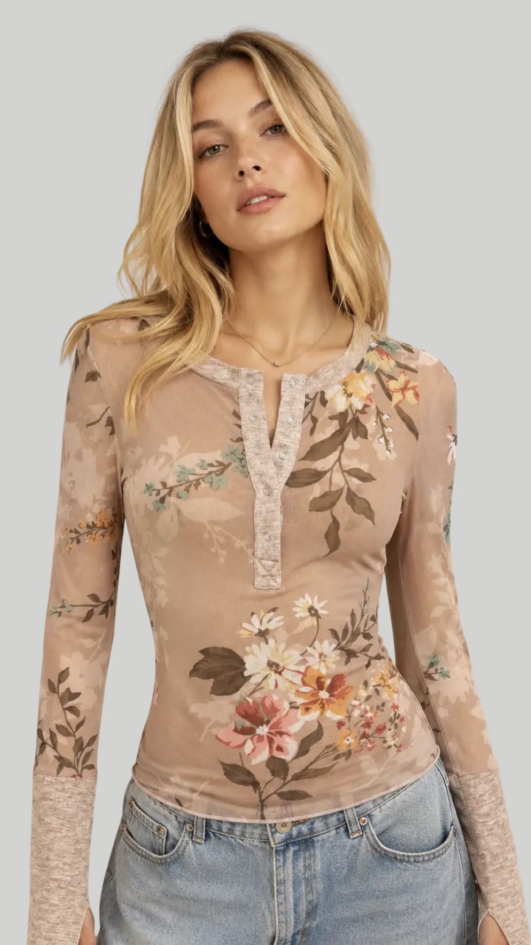 Multi Print Long Sleeve Mesh Henley Top