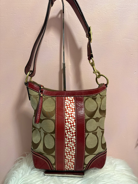 COACH CANVAS LOGO WITH RED LEATHER TRIM GOLD HARDWARE