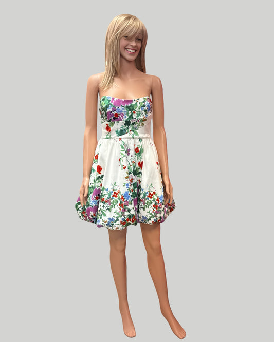 JEWEL BY BADGLEY MISCHKA STRAPLESS WHITE FLORAL DRESS