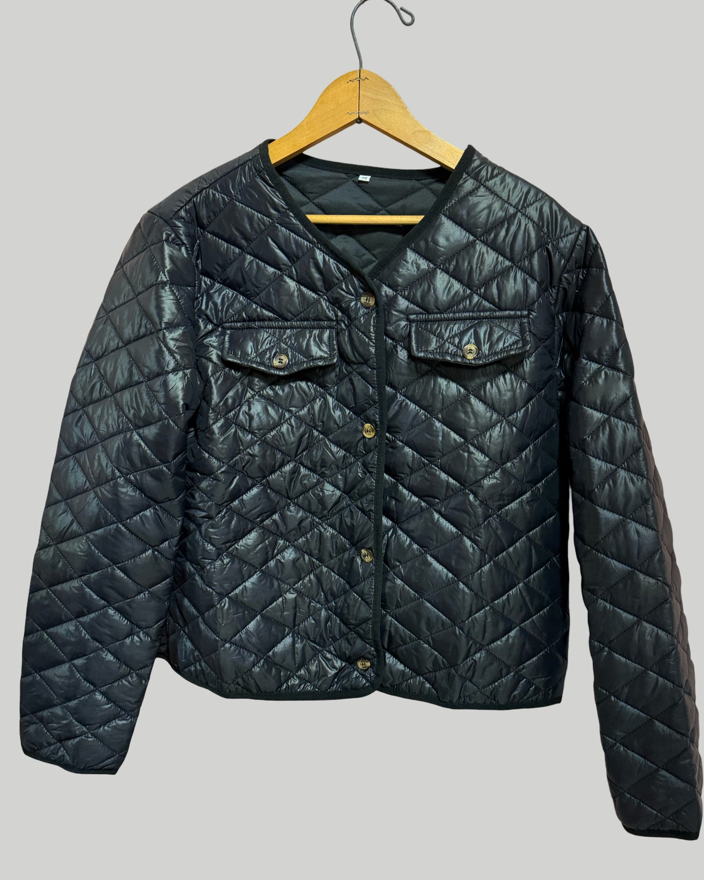 Black Diamond Stitch Collarless Lightweight Jacket