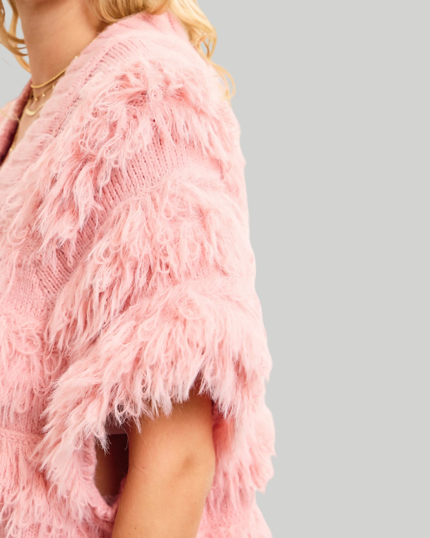 Soft Pink Shaggy Cap Short Sleeve Sweater Jacket