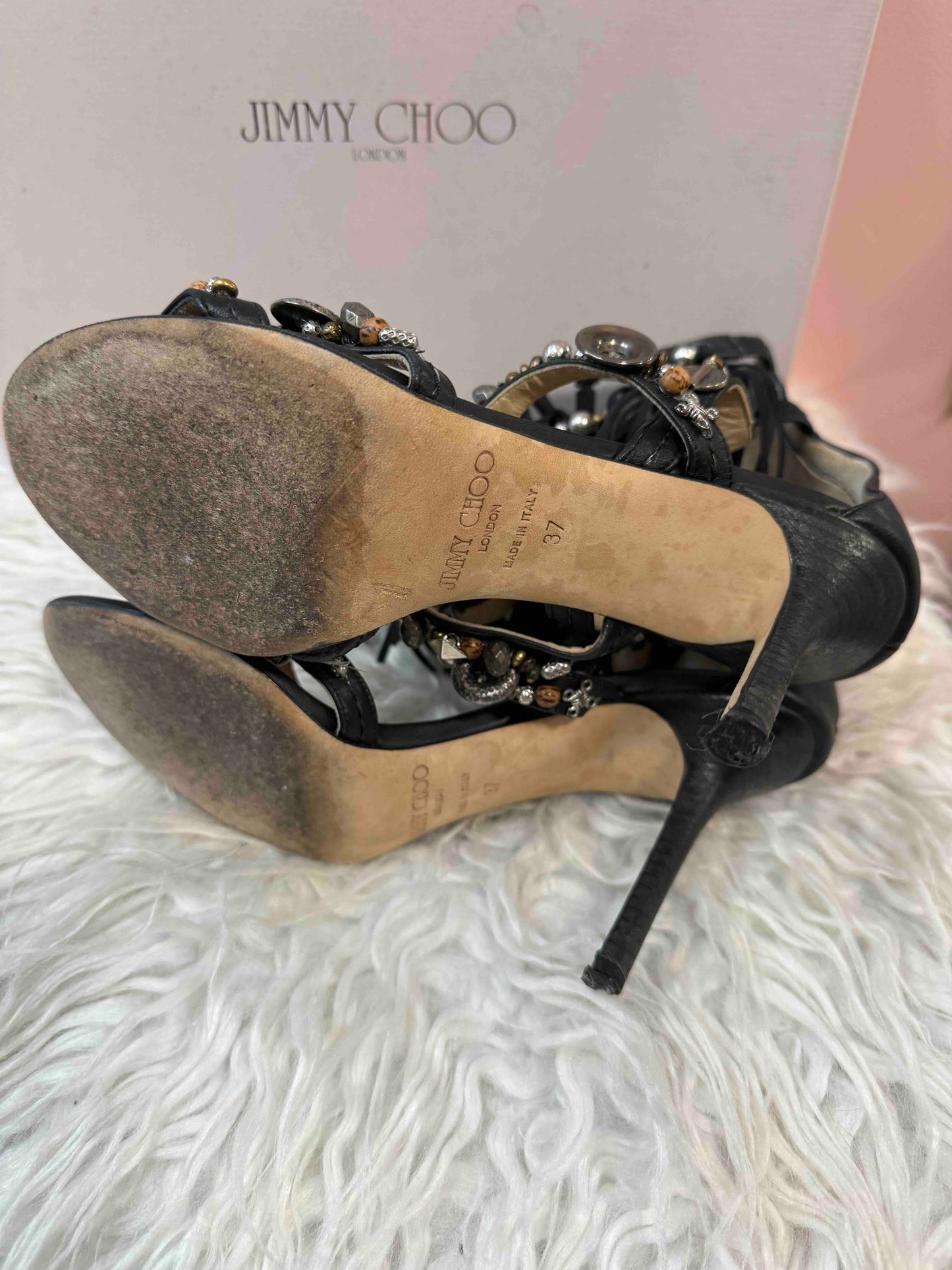 Jimmy Choo Cora Cage Fringe Beaded/Button Detail High Heel Sandals