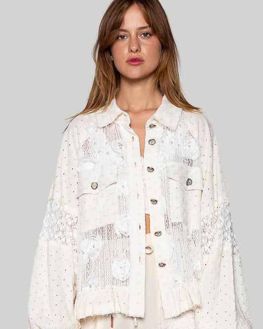 LONG BALLOON SLEEVE FLOWER DETAIL BUTTON DOWN SHIRT
