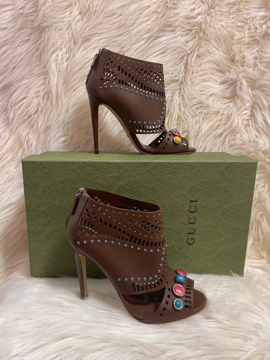 GUCCI LIKA LASER NUT BROWN PEEP TOE  BOOTIE 37 1/2