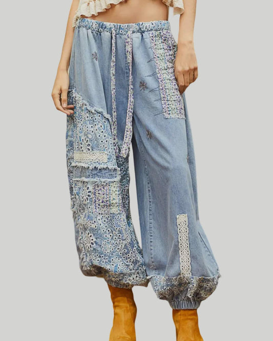 FLORAL PRINT PATCHWORK TWILL JOGER PANTS