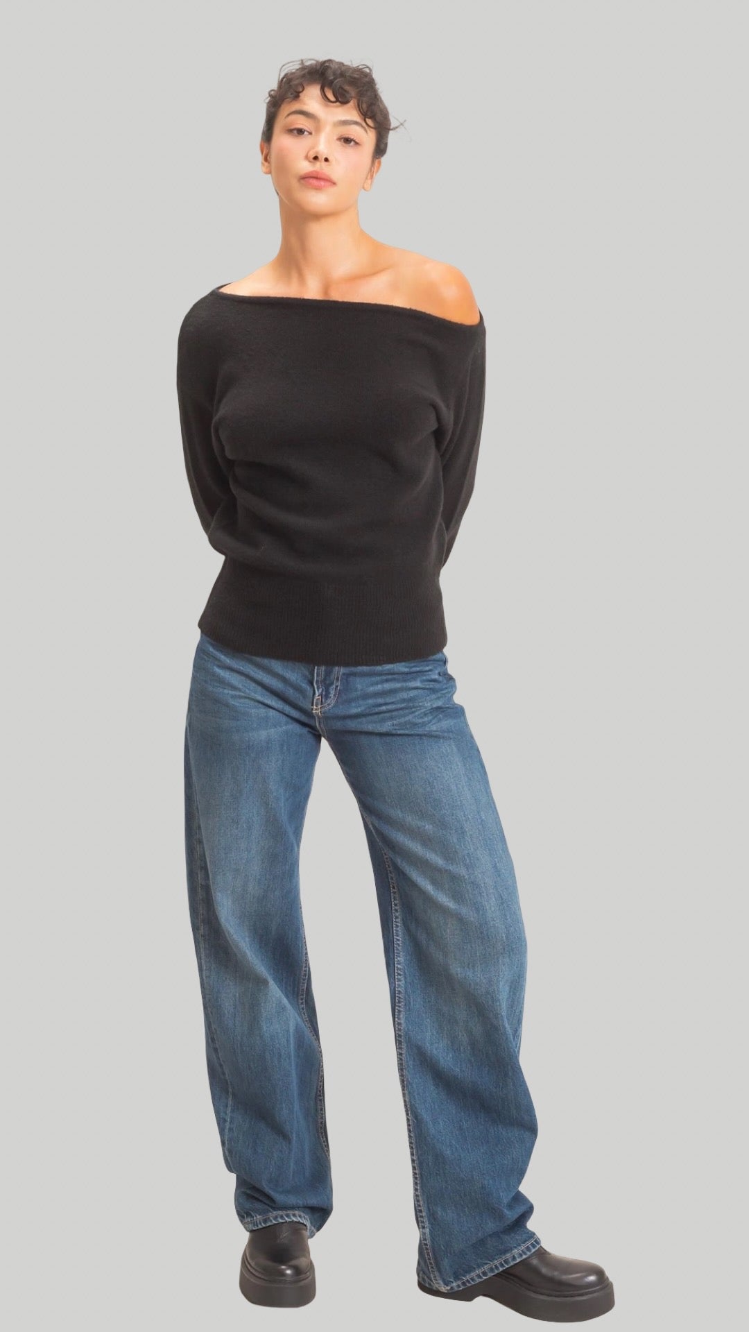 Off the Shoulder Sweater Top in Black and Green