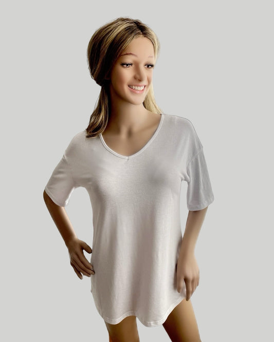 WHITE V-NECK HALF SLEEVE BASIC TEE SHIRT LOOSE FIT
